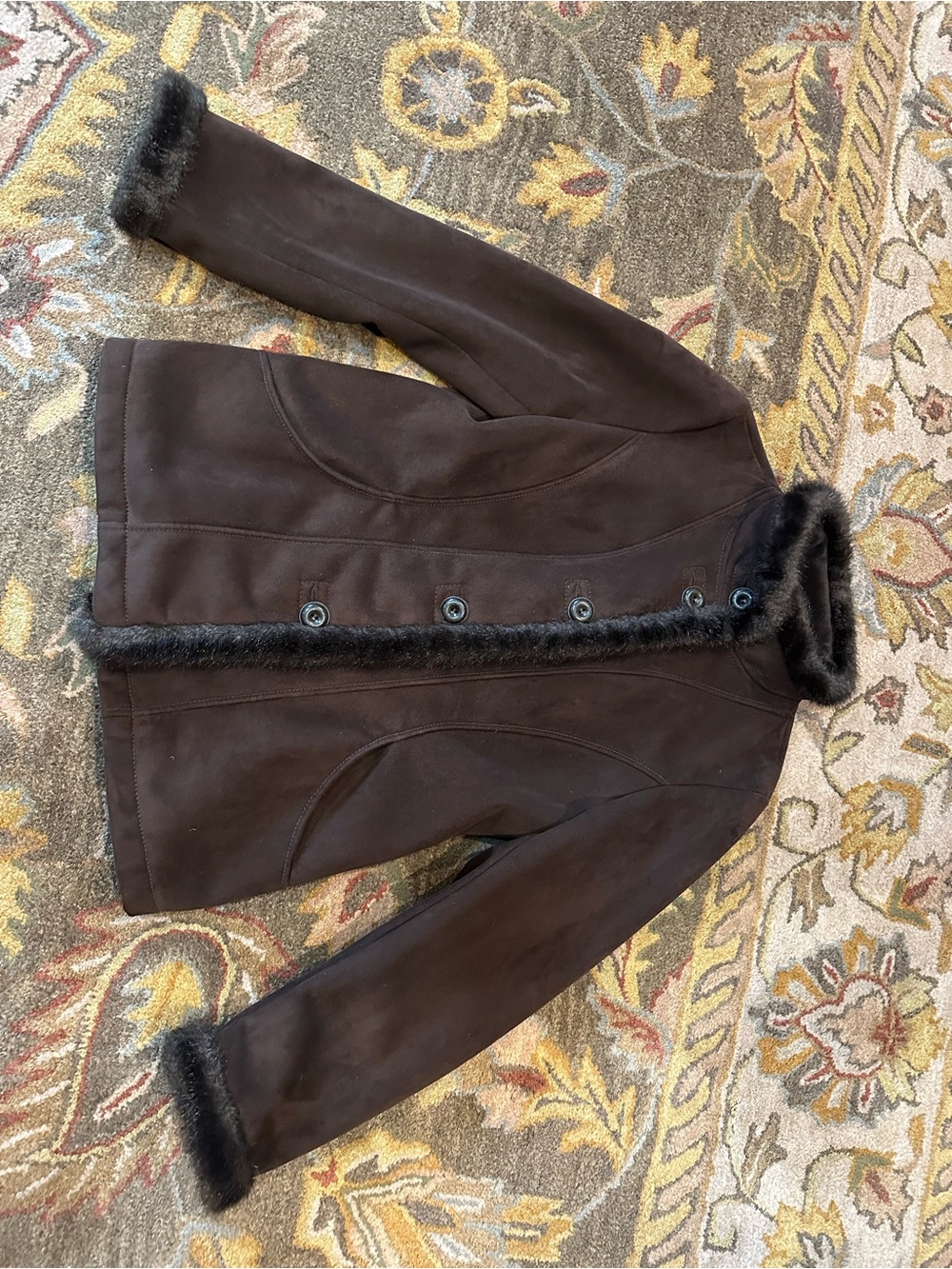 Dark Brown Faux Fur Trim-Faux Suede Jacket